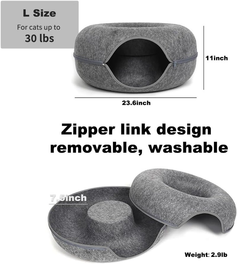 PLIISLUP Large Cat Tunnel Bed for Indoor Cats with 3 Toys, Scratch Resistant Donut Cat Bed, Up to 30 Lbs (L 24x24x11, Dark Grey) - Image 2